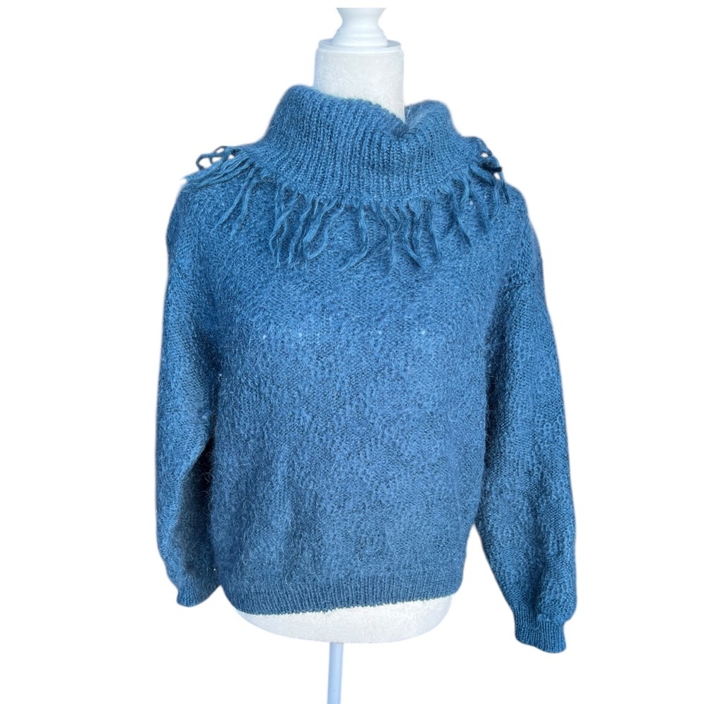 Vintage Moda International Mohair Fringe Turtleneck Sweater | Blue | S
